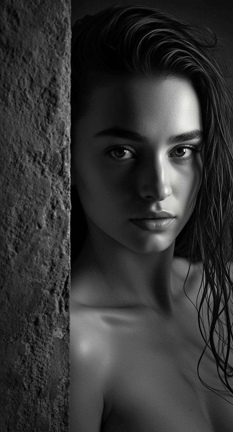 Portrait Young Woman Framed Rough Textured Stone Wall The Left