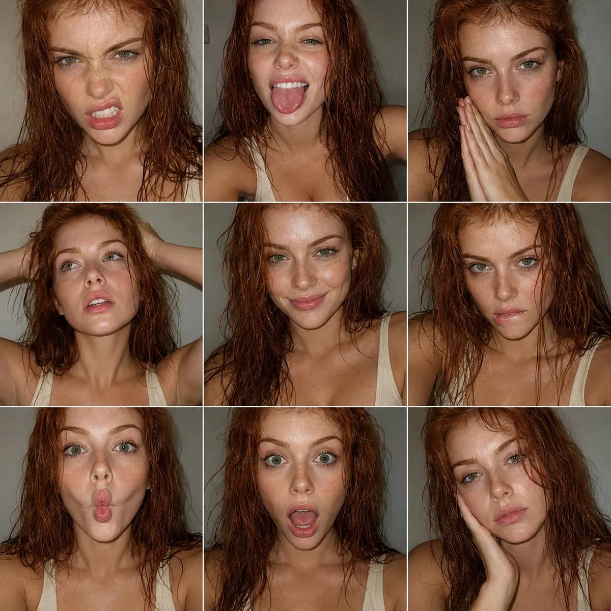 Wet Hair Freckles Nine Panel Grid Expressions Cream Tank