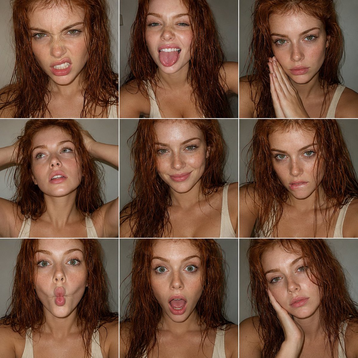 Wet Hair Freckles Nine Panel Grid Expressions Cream Tank