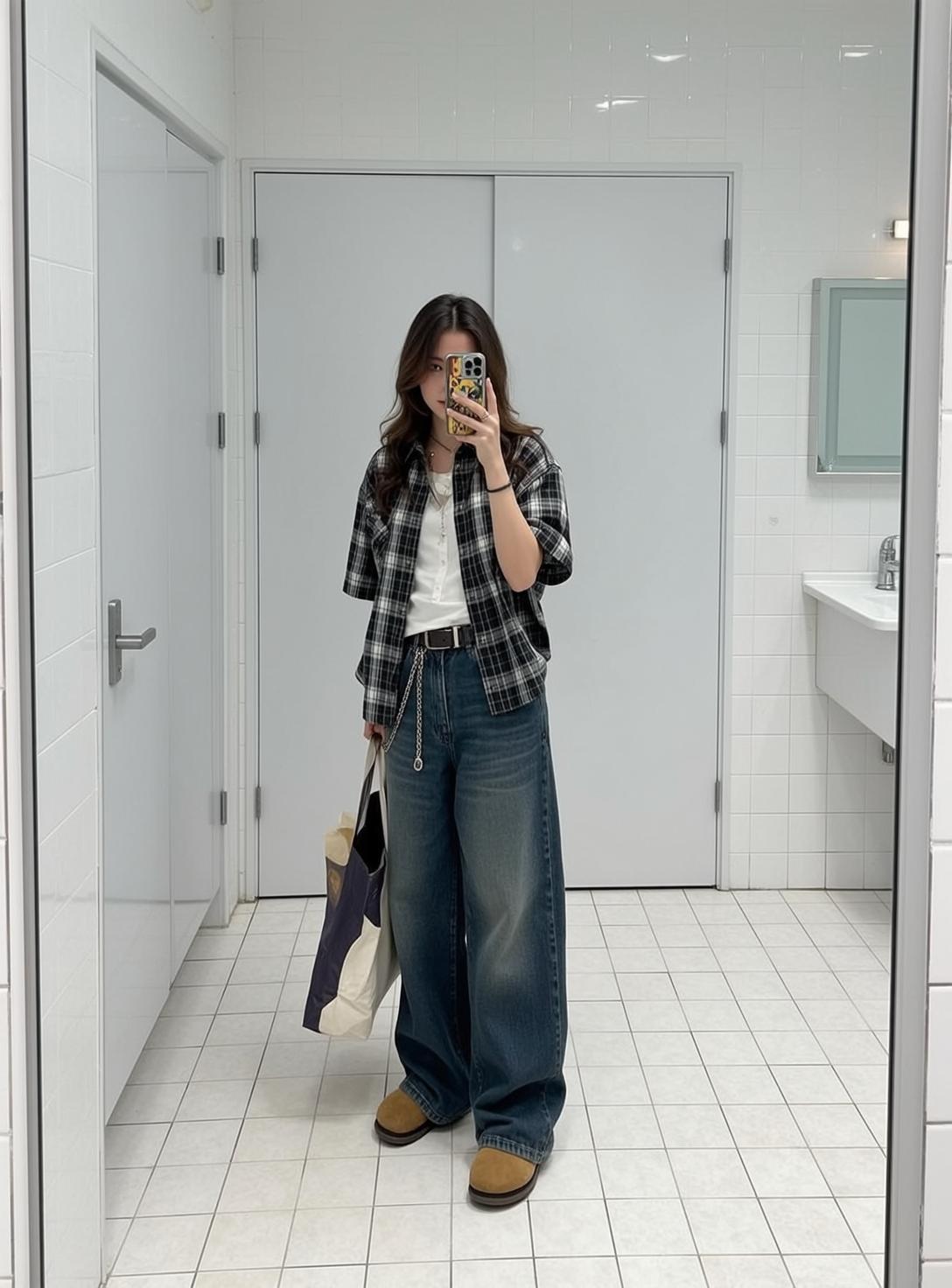 Black Shirt and Wide Leg Jeans Bathroom