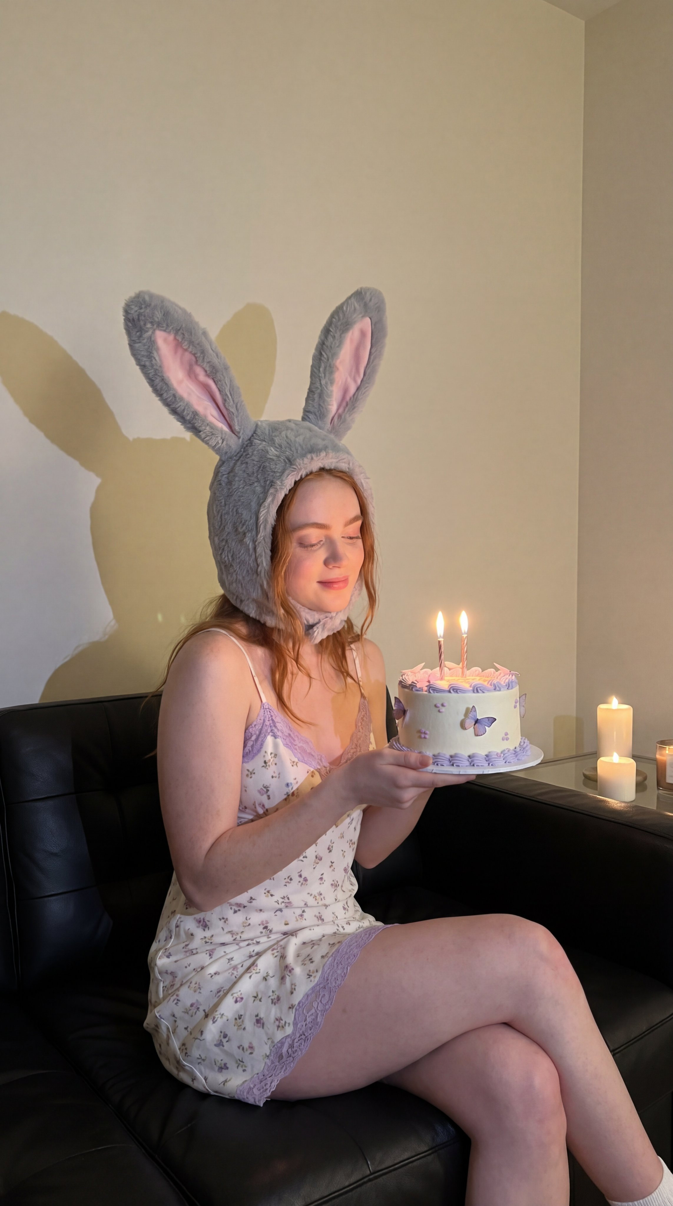 A person wearing a fuzzy gray bunny hat sits on a black leather couch, holding a decorated cake with lit candles.