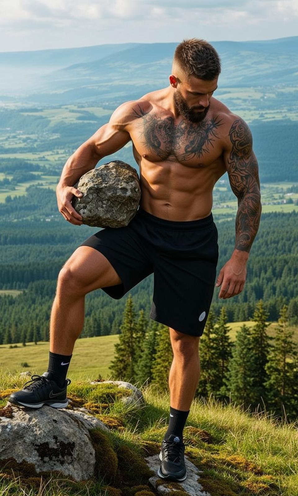 Muscular Short Dark Fade Haircut Tanned Black