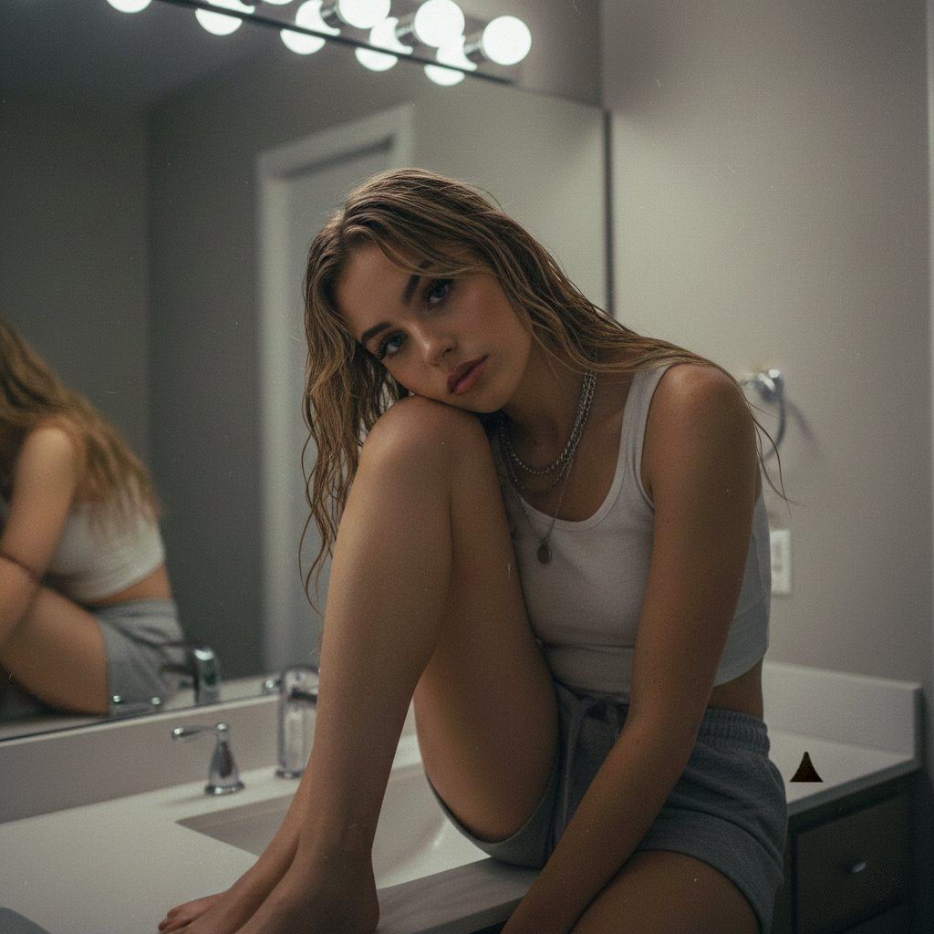 A melancholic young woman with long blonde hair sitting on a bathroom counter, illuminated by soft vanity lighting.