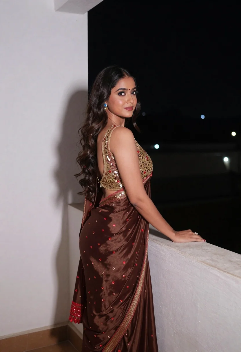 Woman Traditional Indian Saree Poses Elegantly Balcony Night Subject Young reference photo