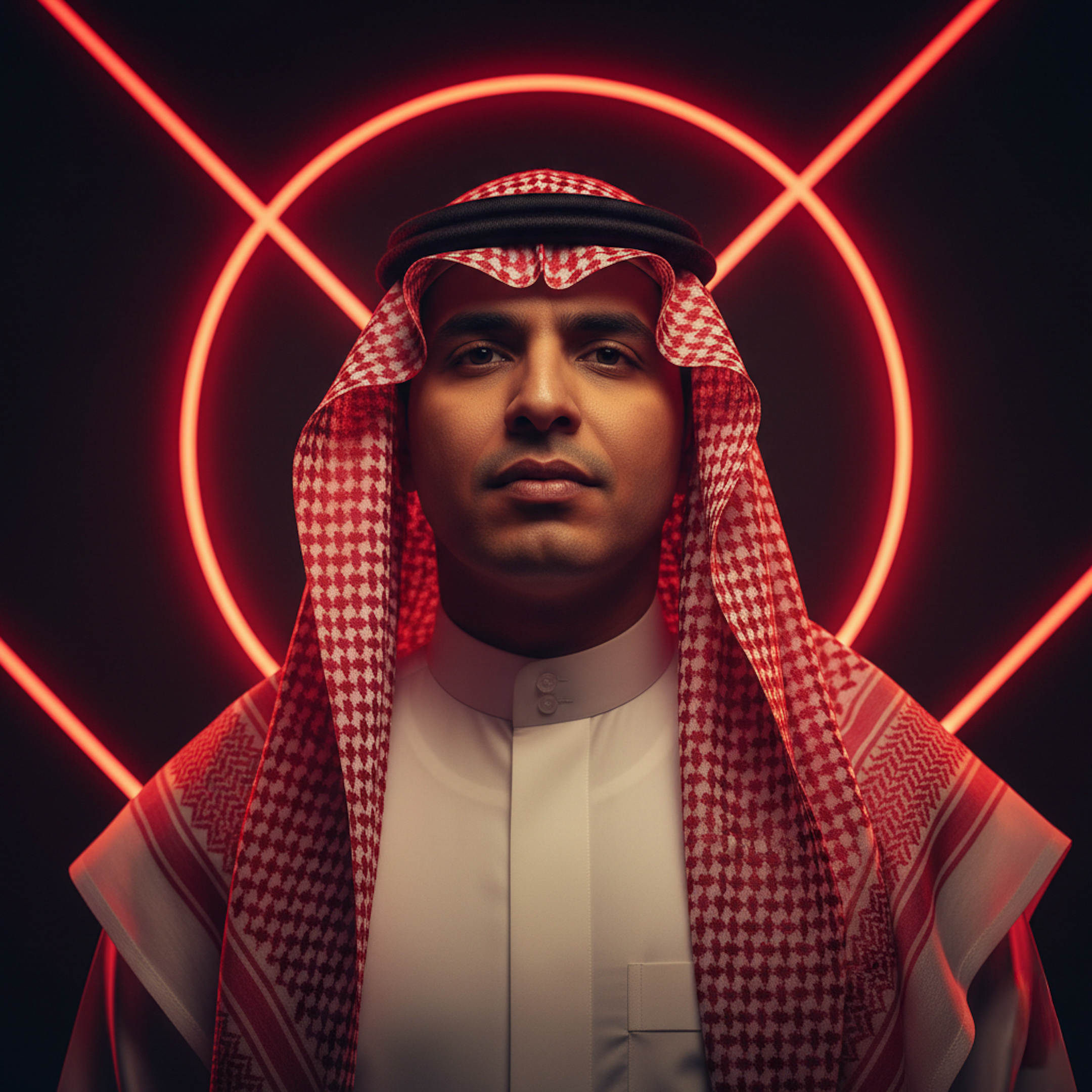 A man in a white Saudi thobe and red shemagh posed confidently under dramatic neon lights.