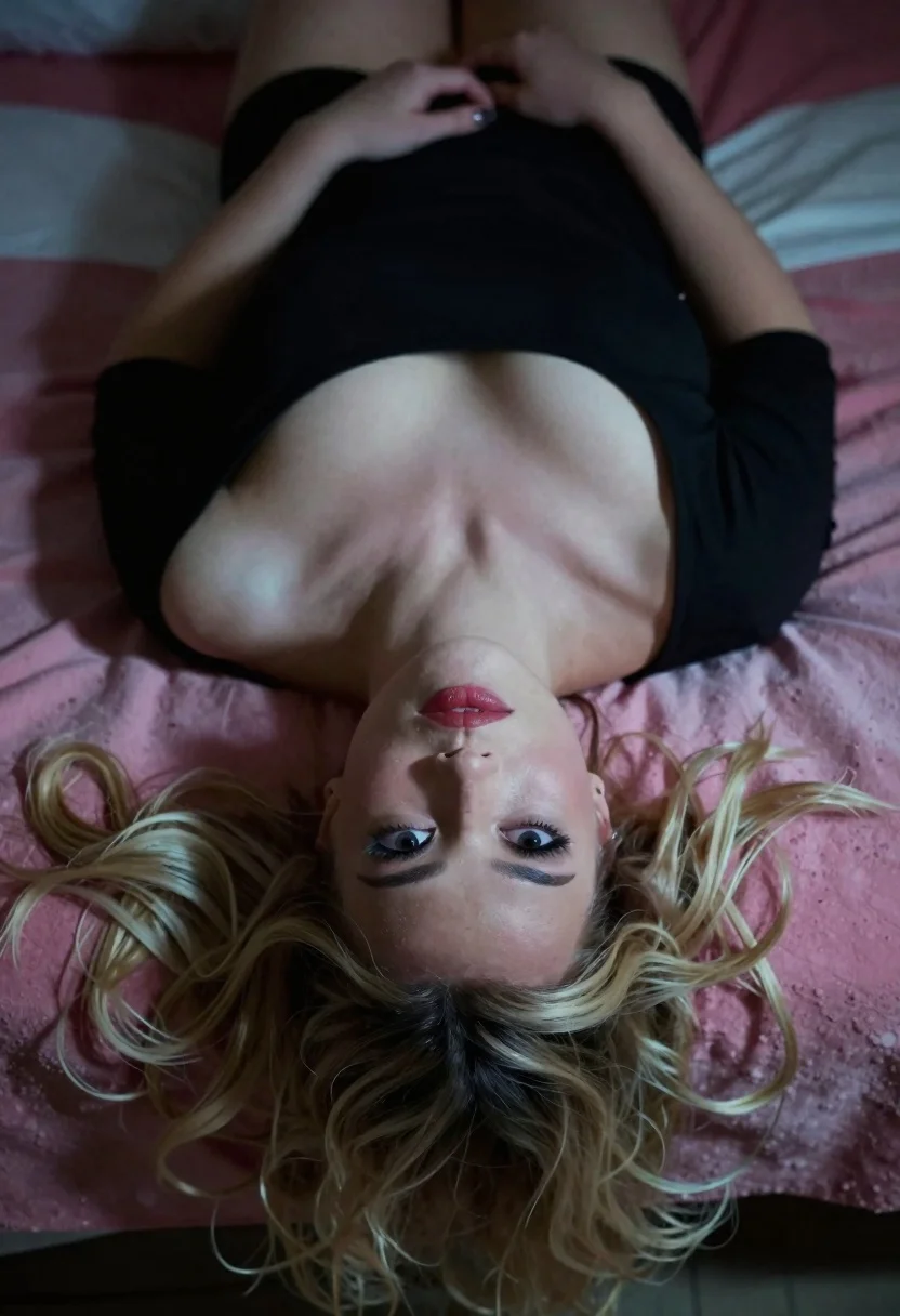 Woman With Blonde Hair Lies Upside Down Bed Gazing Directly reference photo