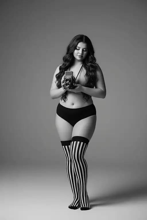 A woman in a thoughtful pose, barefoot, wearing striped thigh-high socks and simple underwear, holding a vintage box camera, in soft lighting.
