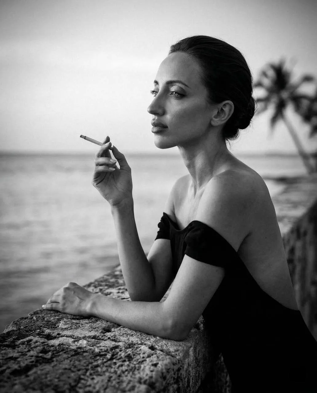 Elegant Girl Seashore Profile Cinematic Monochrome