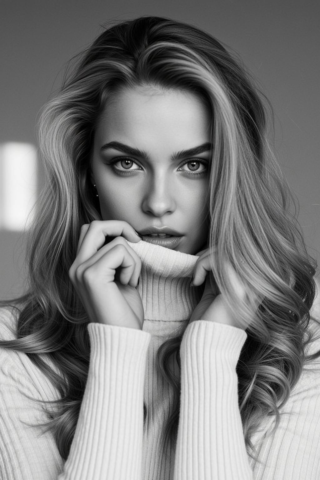 Medium Shot Black And White Photorealistic Portrait Young Woman With