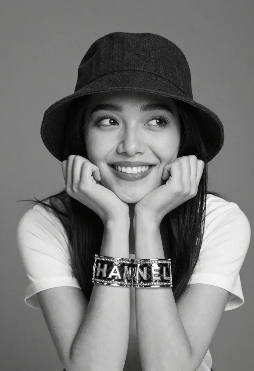 Black And White Portrait Smiling Woman Wearing Dark Bucket Hat