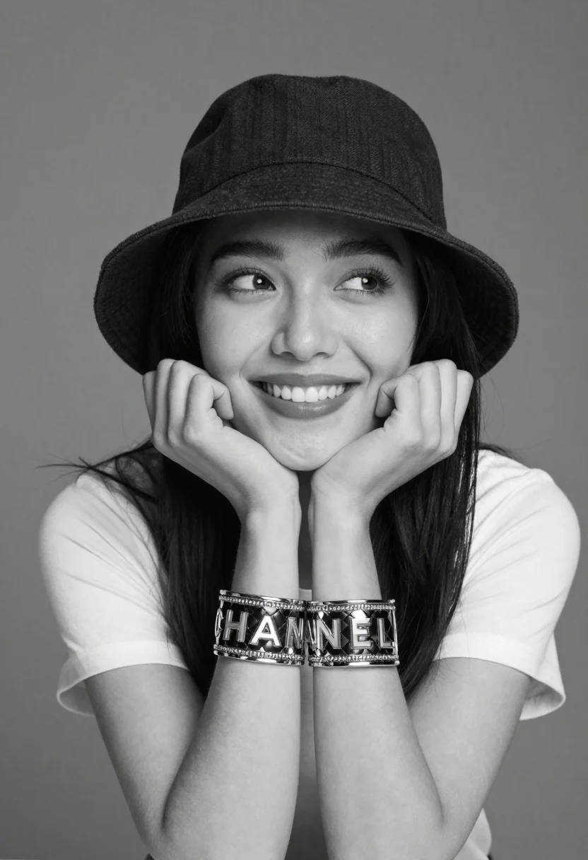 Black And White Portrait Smiling Woman Wearing Dark Bucket Hat reference photo