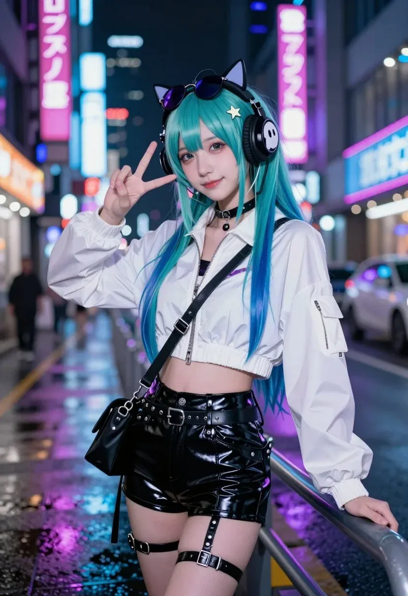 Young Woman With Long Teal Hair Posing Vibrant Cyberpunk City