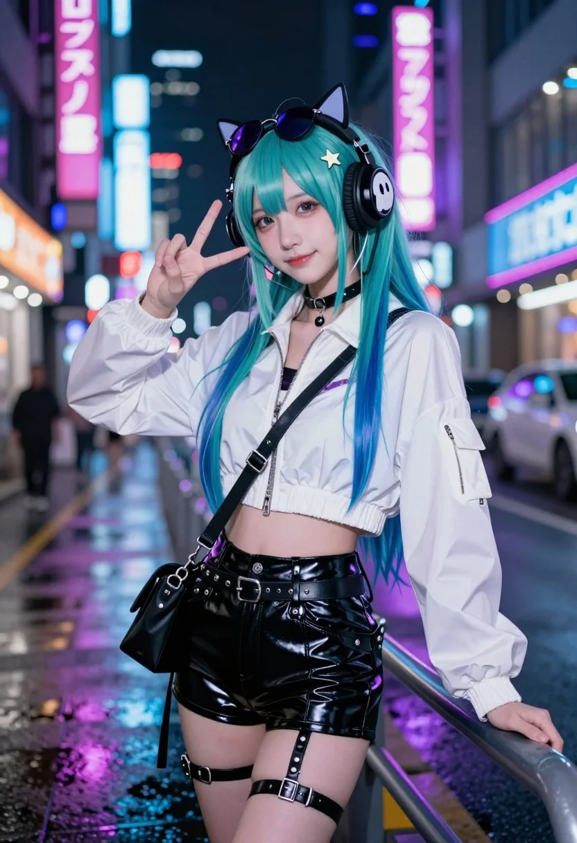 Young Woman With Long Teal Hair Posing Vibrant Cyberpunk City