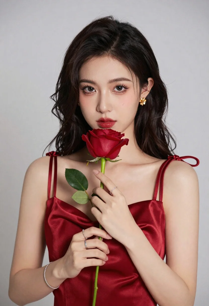 Studio Portrait Young Woman Holding Red Rose Near Her Face reference photo