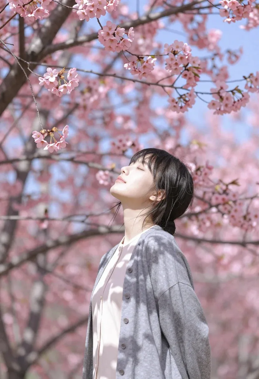 Young Woman Stands Beneath Canopy Vibrant Pink Cherry Blossoms With