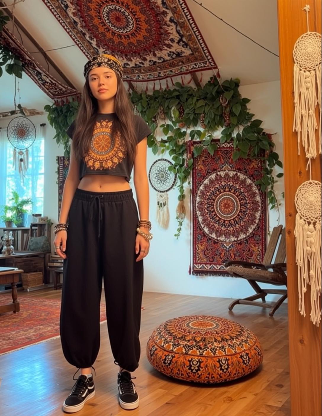 Bohemian Room Woman Black Crop Top Mandala Pants