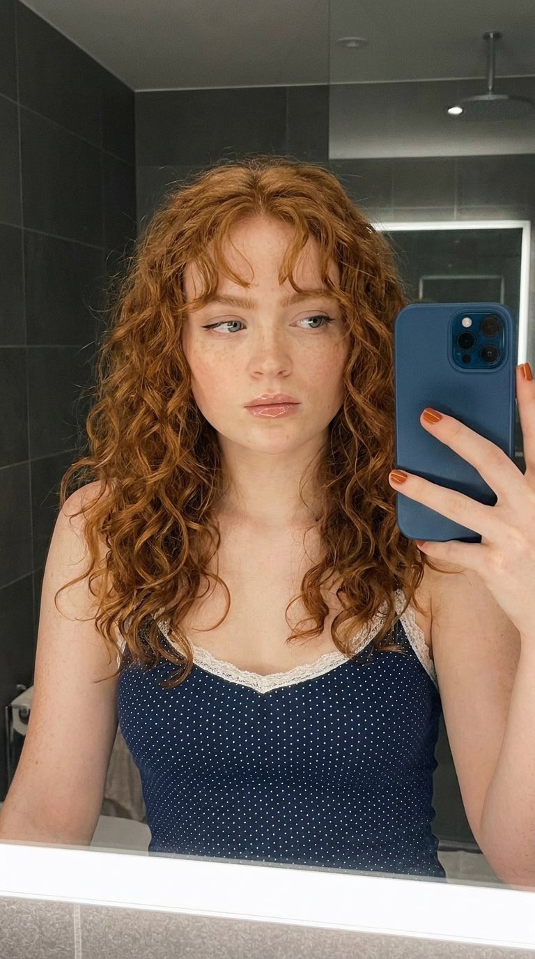 Blue Camisole Holding Phone In Bathroom Mirror