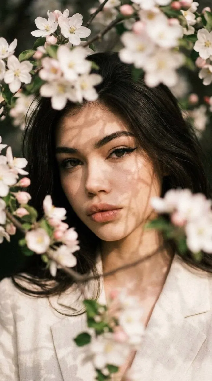 Girl Apple Blossom Branches Extreme Close Up Soft Light
