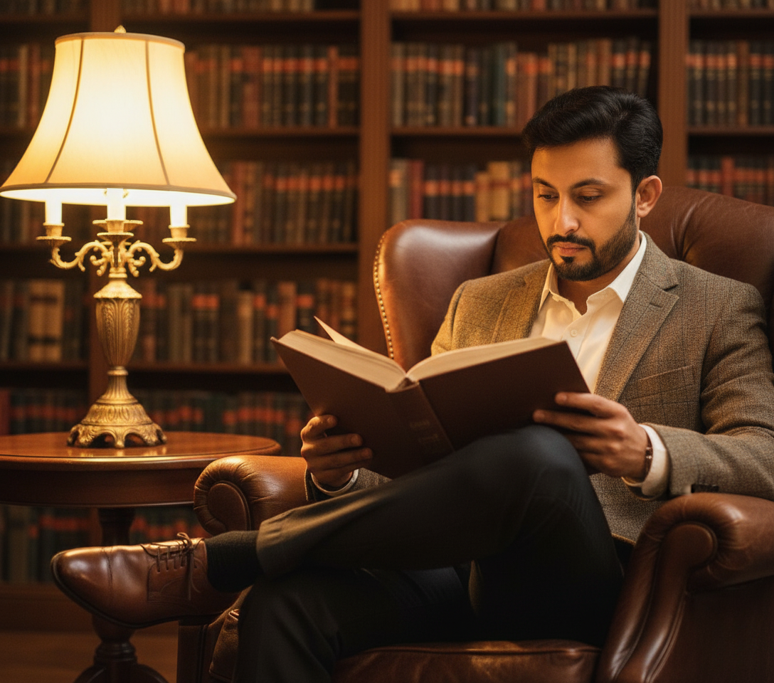 A person seated in a brown leather armchair, reading an open book in a cozy English-style library, surrounded by warm lighting and blurred bookshelves.