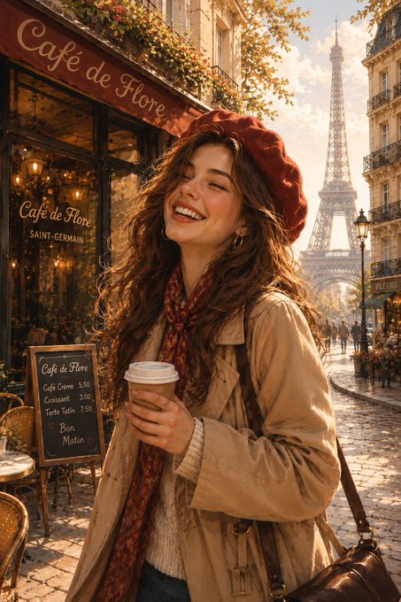 A woman with long, wavy brown hair in a deep red beret holding a white coffee cup on a cobblestone street in Paris, with the Eiffel Tower in the background.