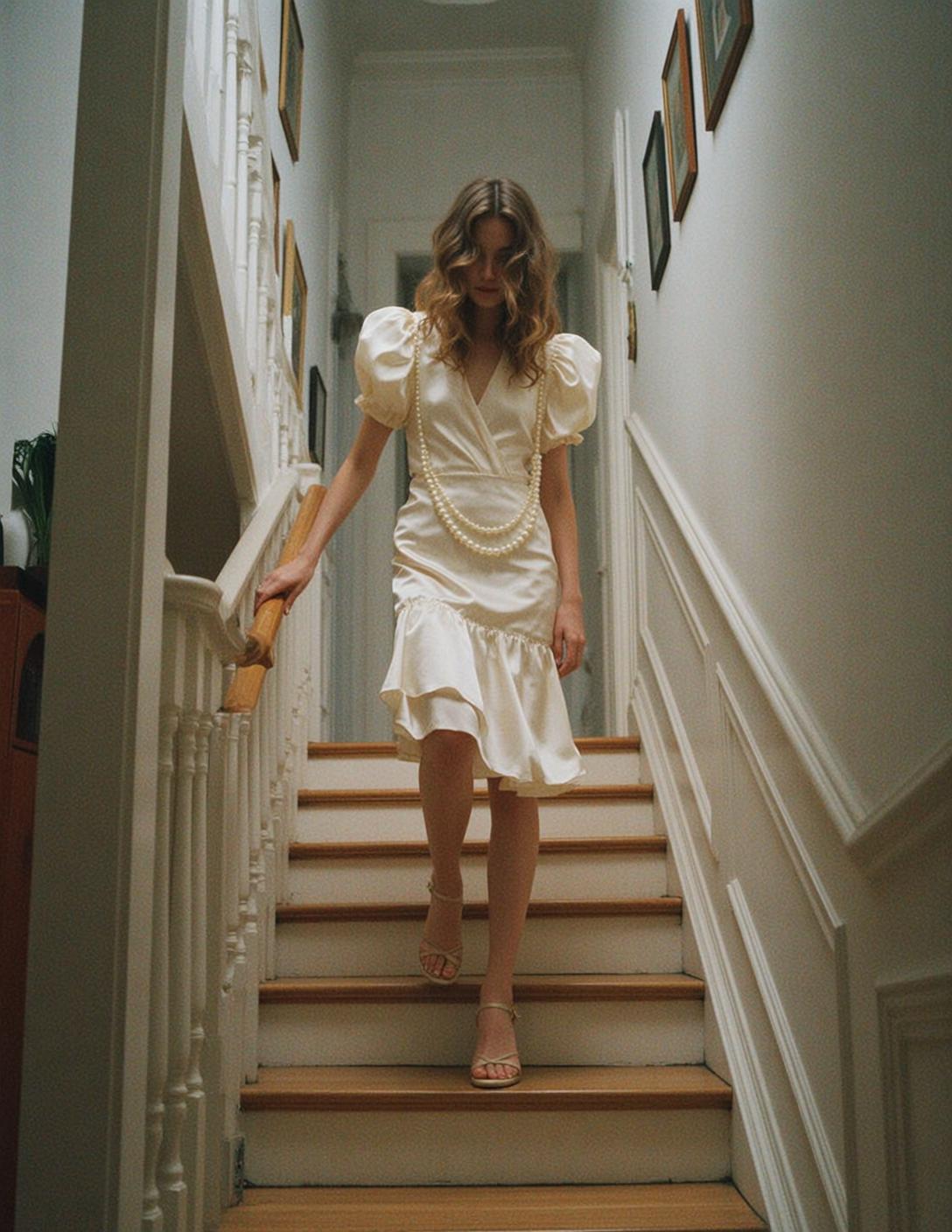 Satin Dress Staircase Walk