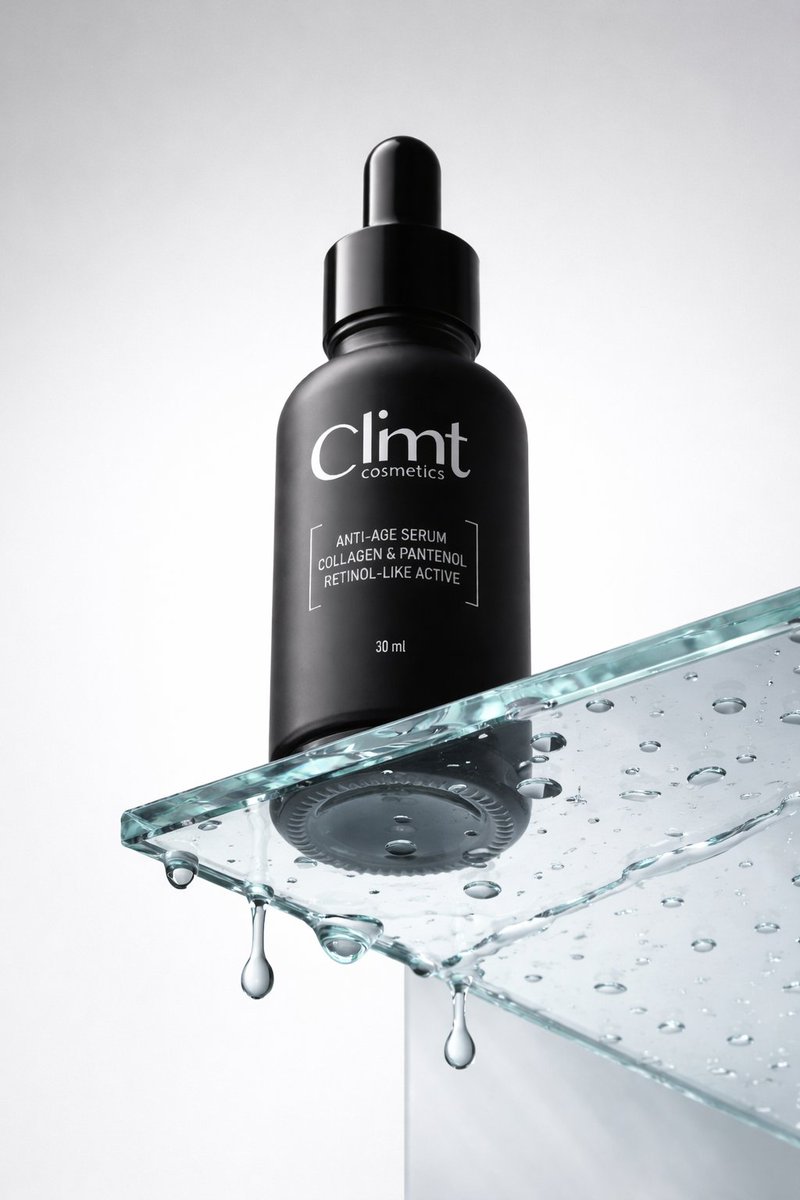 Photorealistic luxury dropper bottle with water droplets on glass against a matte gray background.