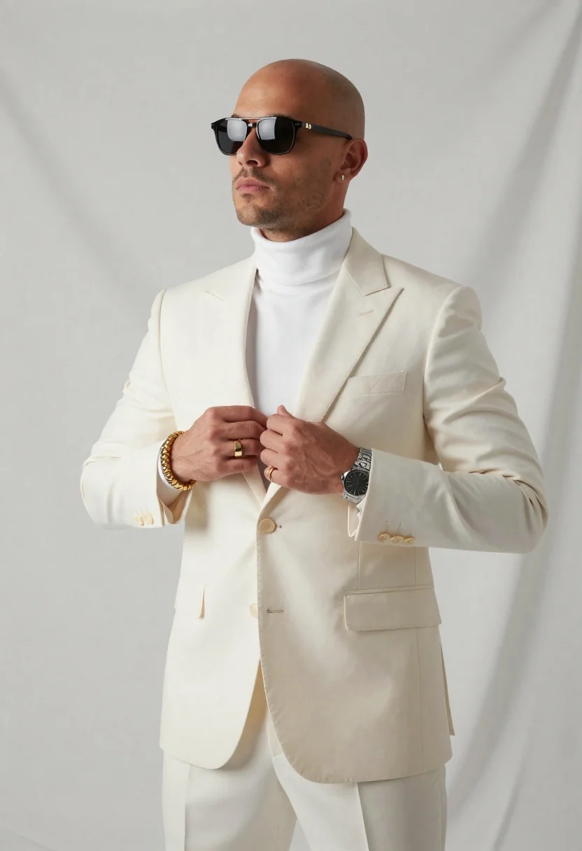 Studio Photography Stylish Bald Man Wearing Dark Sunglasses And Fastening reference photo