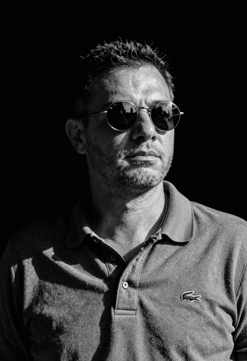 Black And White Portrait Man Casual Attire Against Dark Background