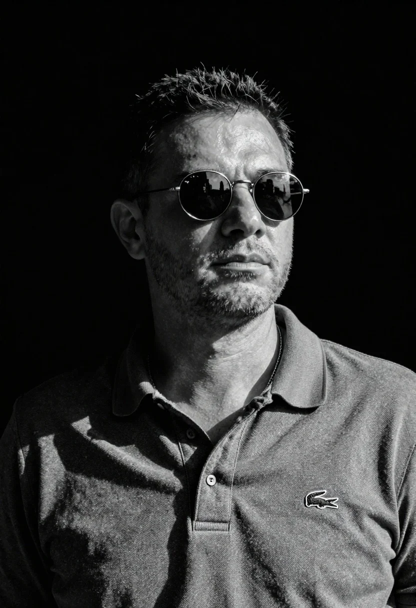 Black And White Portrait Man Casual Attire Against Dark Background reference photo