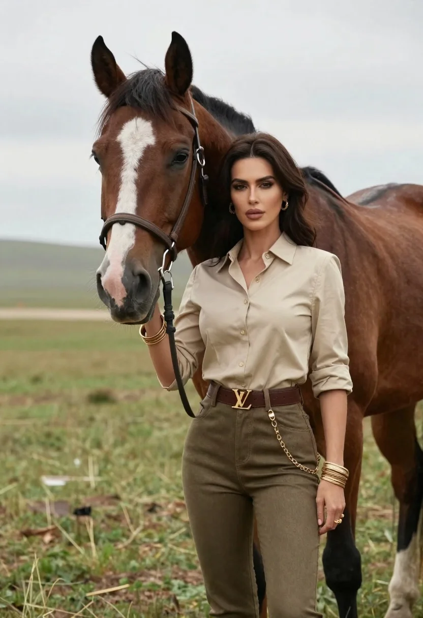 High-quality Portrait Woman Standing Confidently Beside Large Brown Horse With reference photo