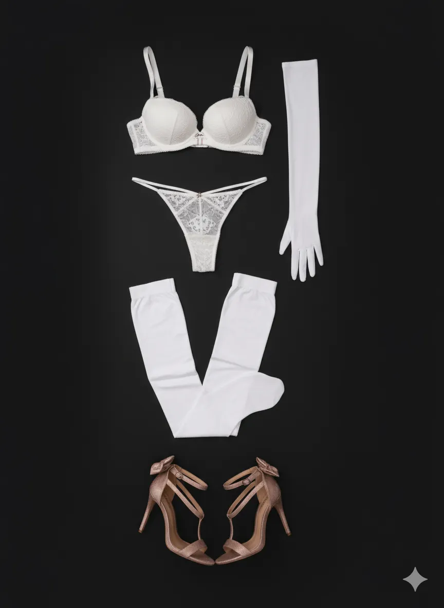 Lace Bra Thong Opera Gloves Stockings Sandals Flat Lay