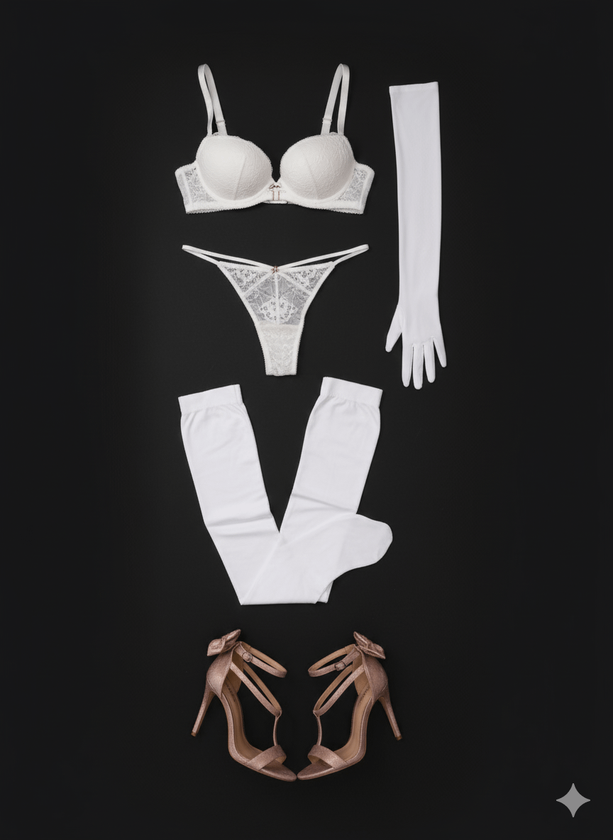 A top-down view of a white lace bra and matching thong on a black background, flanked by opera gloves and rose gold heels.