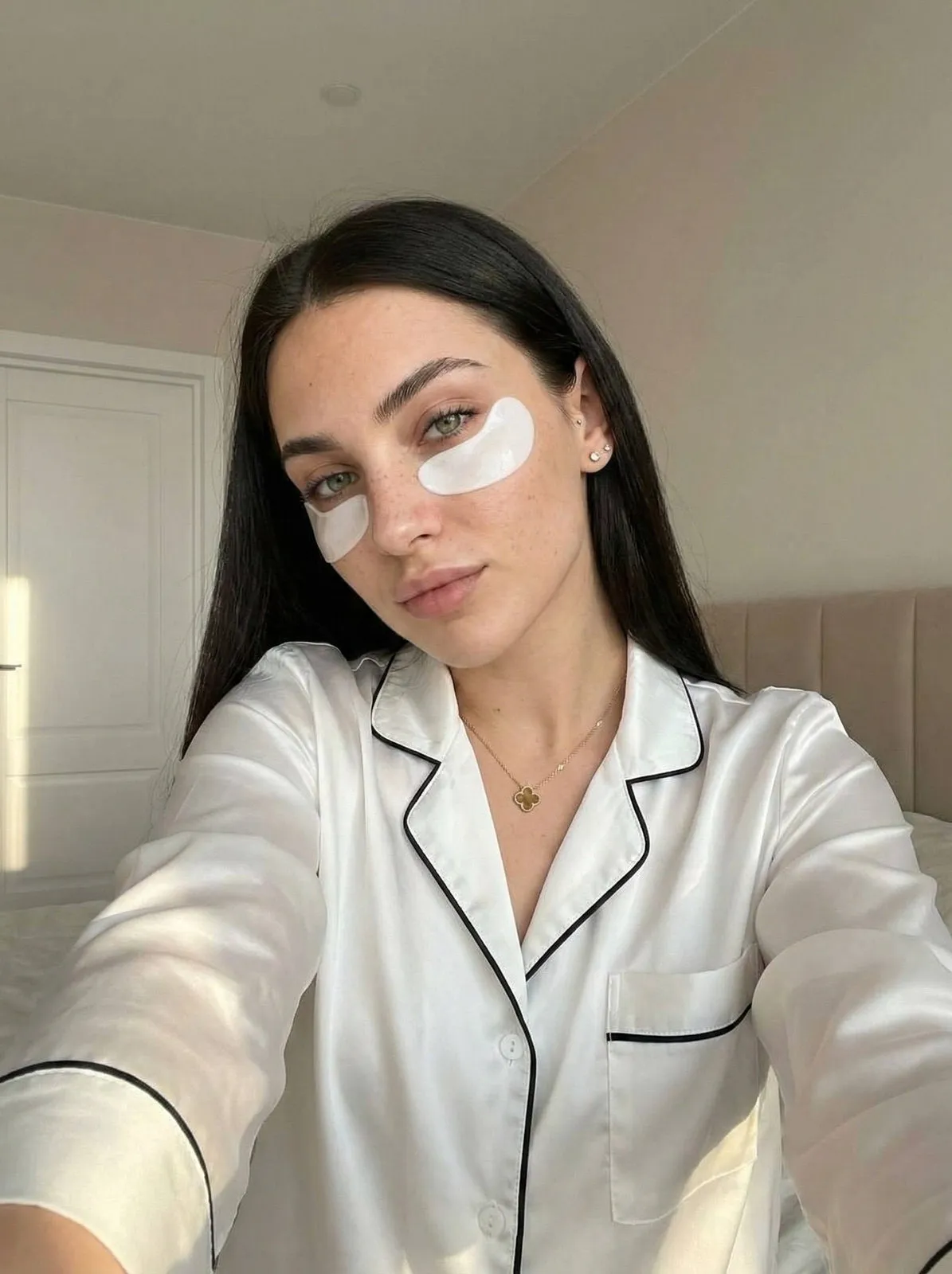Woman Selfie Bedroom Natural Makeup Satin Pajamas