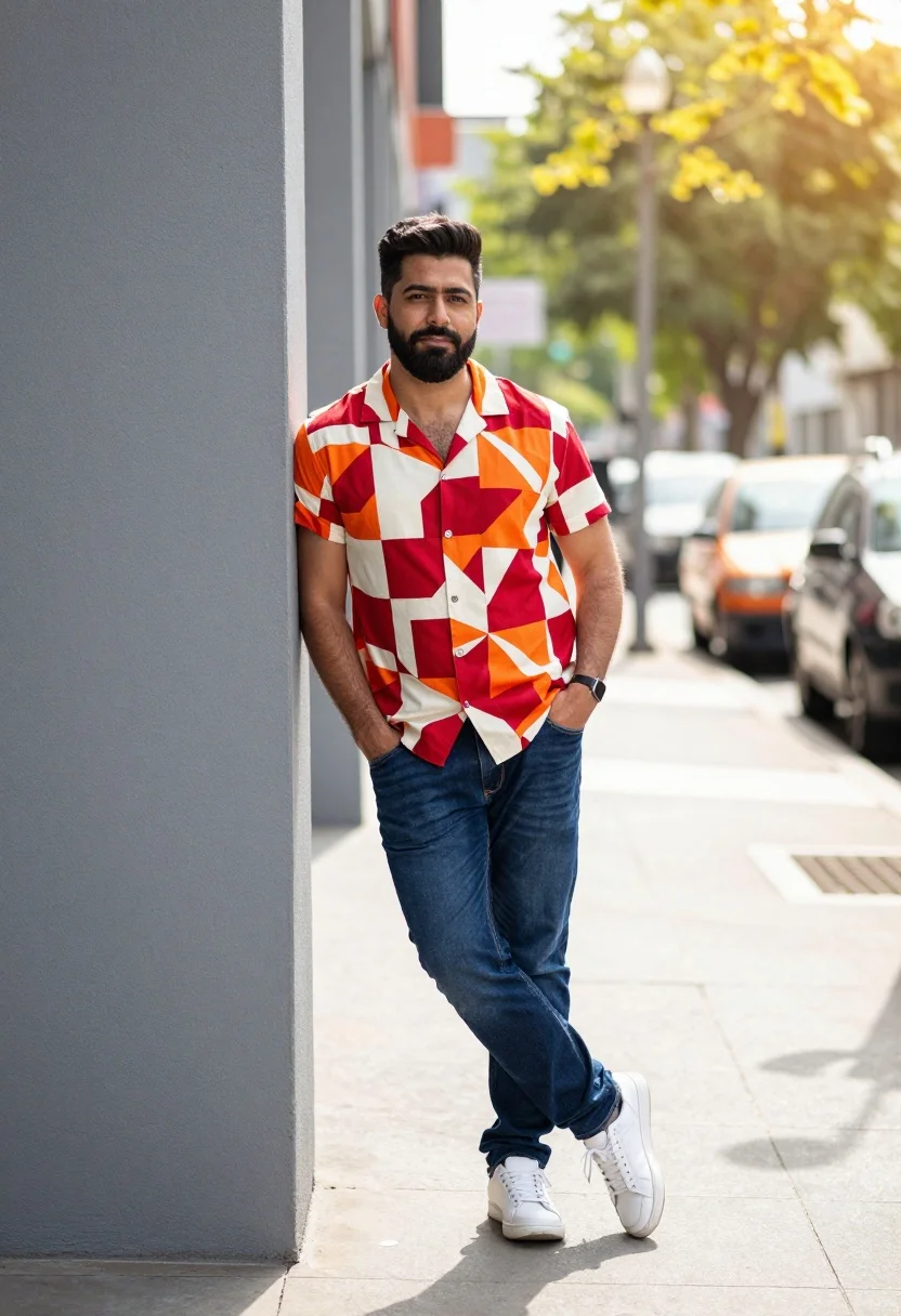 Man Leaning Casually Against Grey Concrete Wall Corner Urban Street