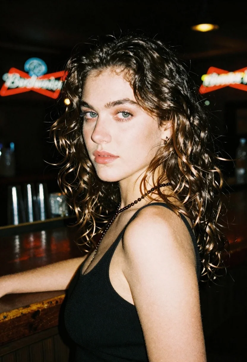 Portrait Young Woman Wavy Brown Hair Green Eyes Looking Over reference photo
