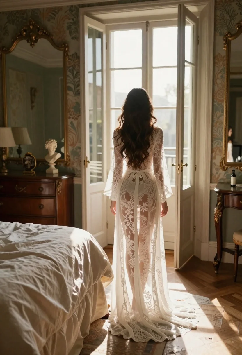Cinematic Photograph Capturing Woman From Behind Standing Elegant Bedroom Bathed reference photo