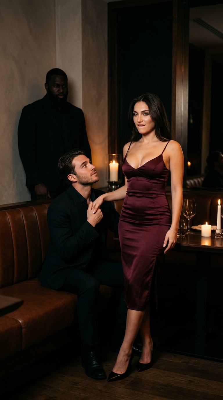 A woman in a burgundy satin midi dress holds hands in a dim restaurant booth, illuminated by candlelight, capturing an intimate moment.