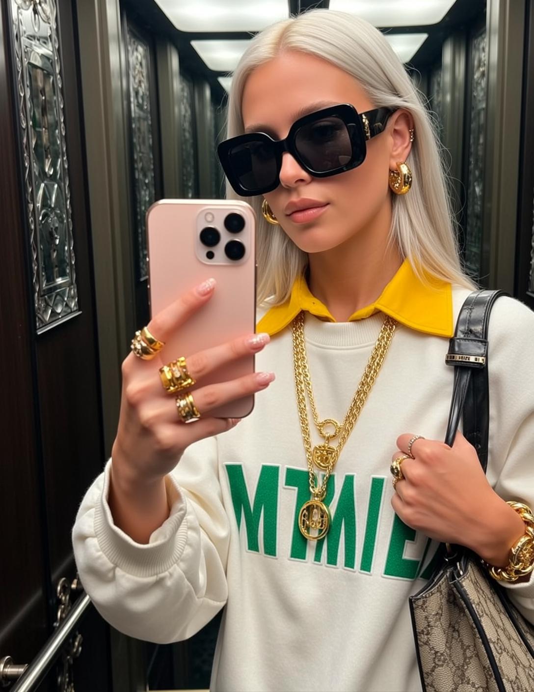 Explore Standing Elevator Holding Pink Smartphone Her