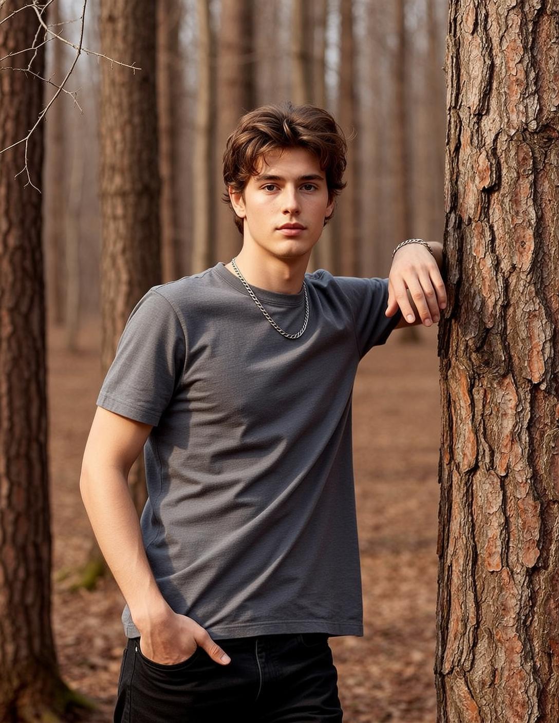 Explore Young Standing Outdoors Leaning Against Large