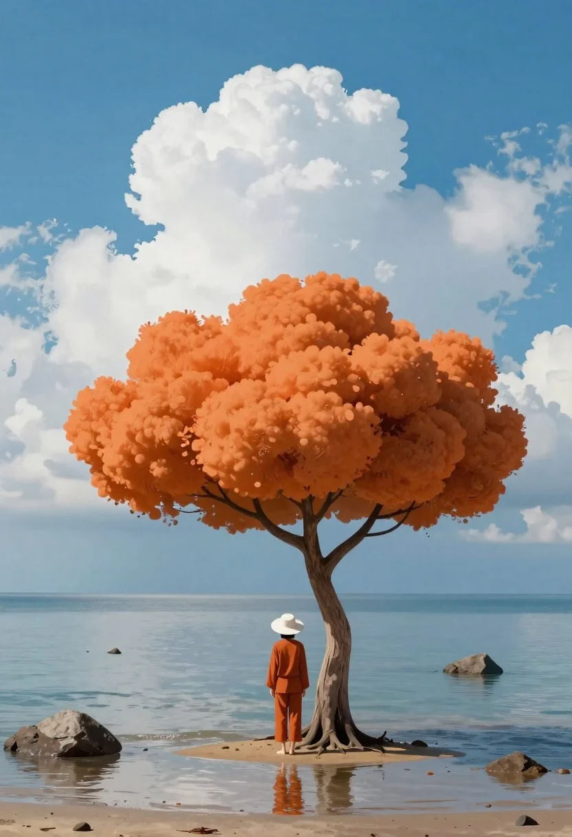 Surreal Digital Illustration Solitary Figure Standing Beneath Tree With Oversized reference photo
