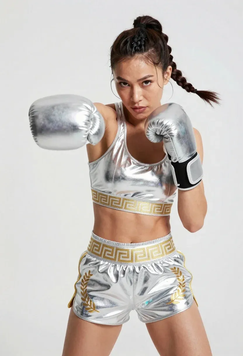 Woman Dynamic Boxing Stance Wearing Complete Silver Metallic Outfit With