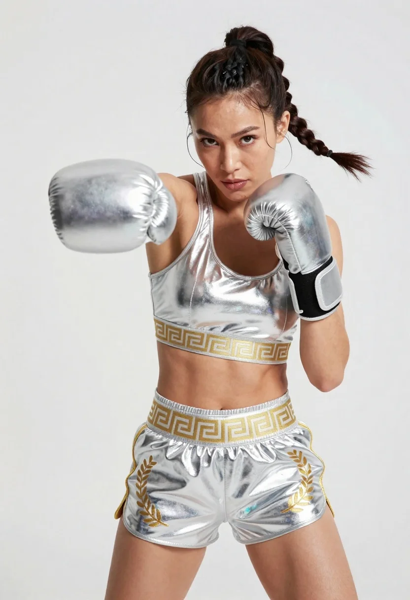 A woman in a dynamic boxing stance wearing a full silver metallic outfit with iridescent sheen under bright studio lighting.