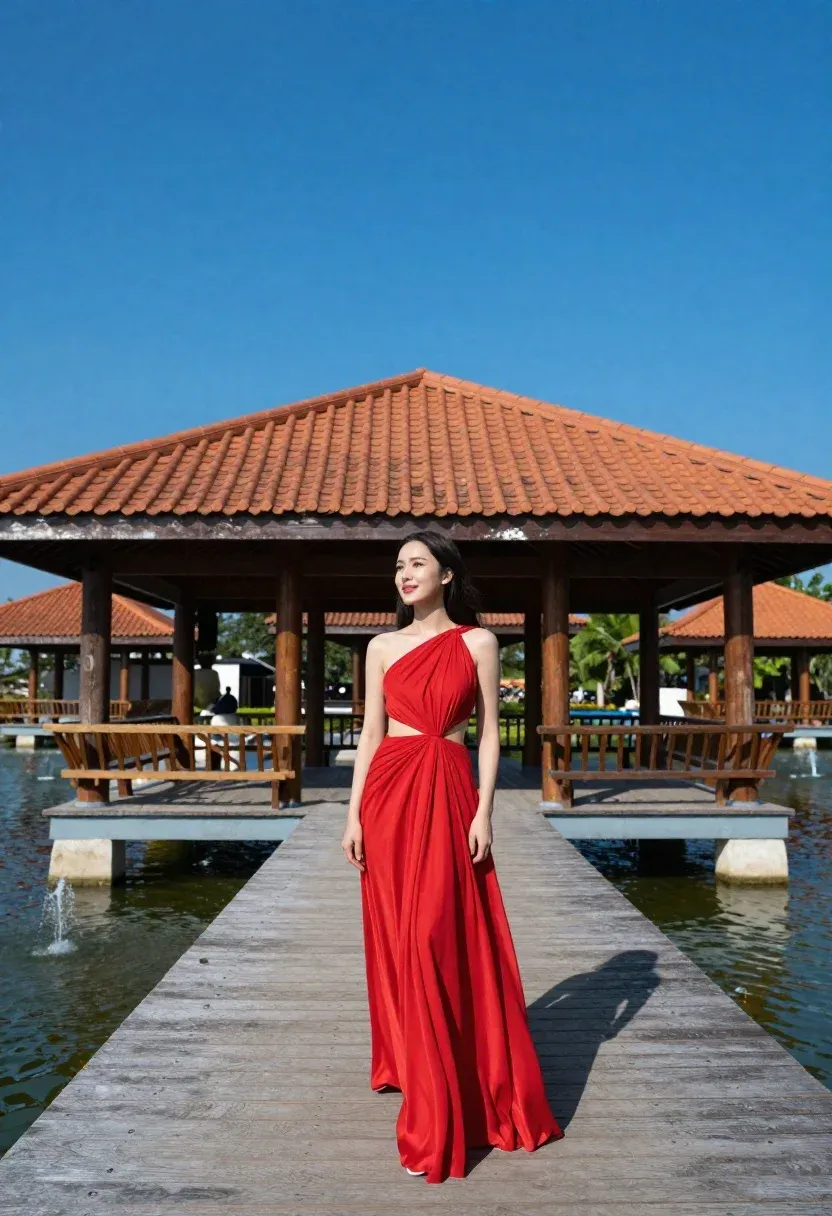 Woman Vibrant Red Gown Stands Wooden Walkway Leading Traditional Pavilion