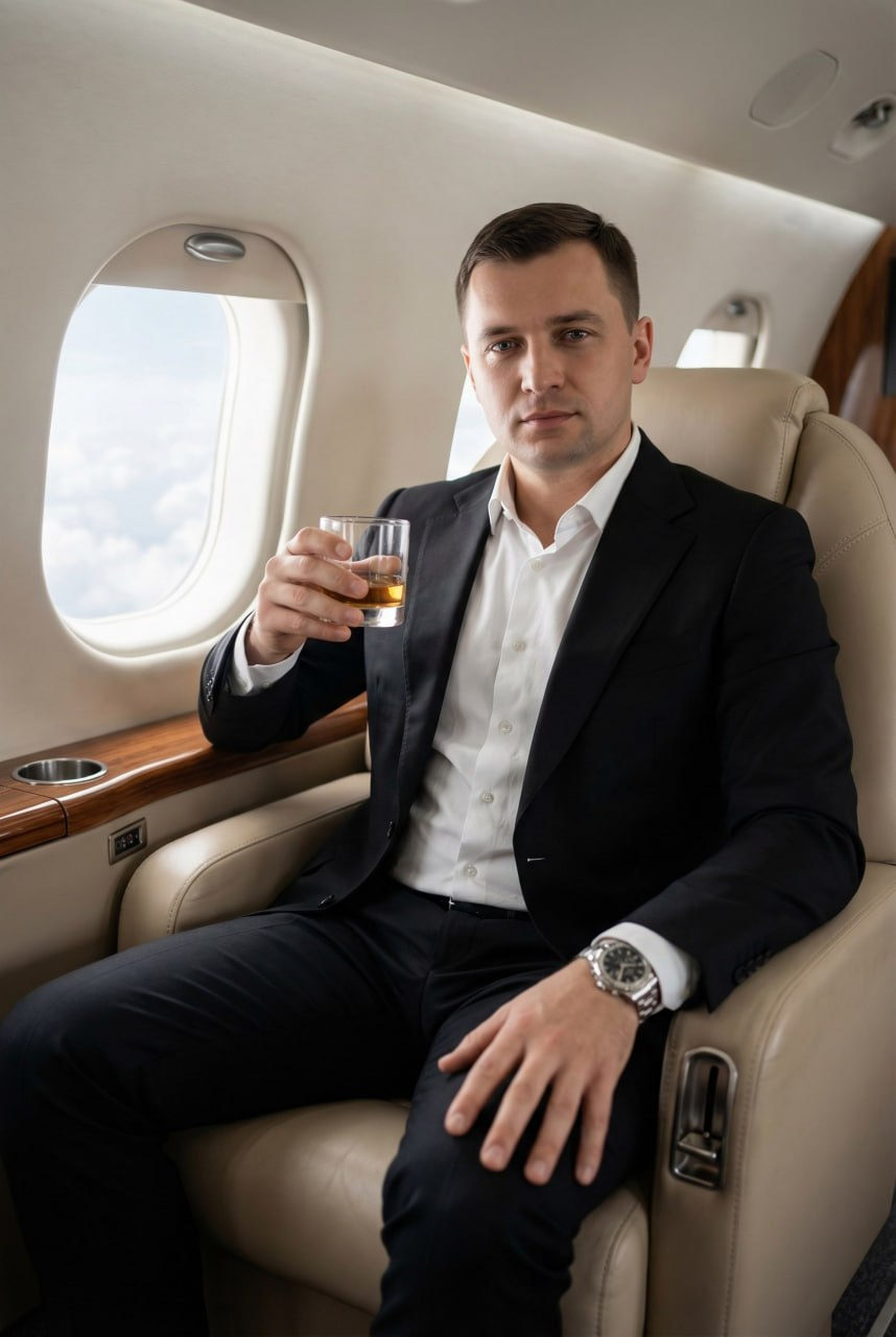 A man in a tailored black suit sits confidently in a luxury jet seat, natural light illuminating the elegant interior.