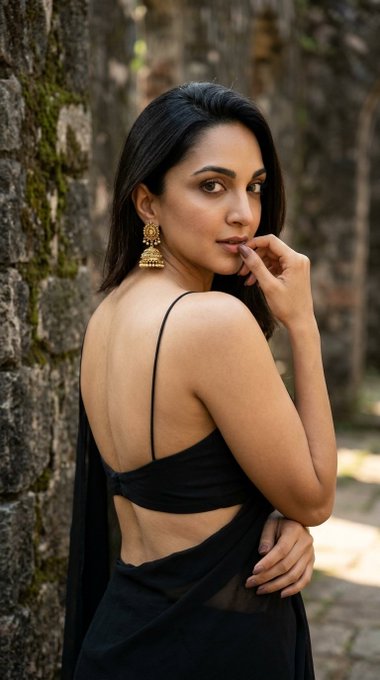 Saree Silk Woman Gold Earrings Stone Wall – A medium shot, captured from a slightly elevated angle, shows the woman in t
