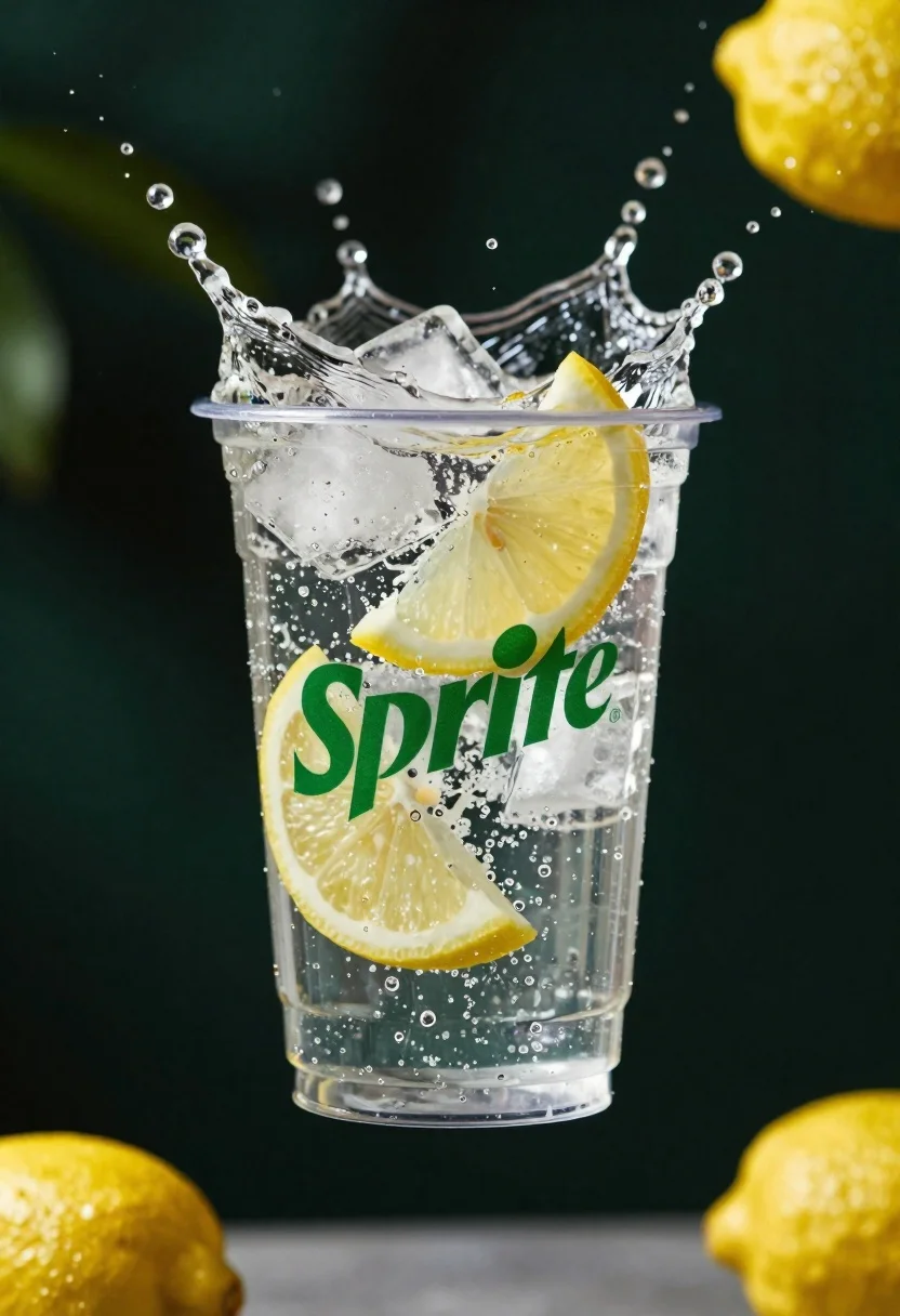 A clear plastic cup filled with fizzy liquid, ice cubes, and lemon slices, captured in mid-air against a moody dark background.