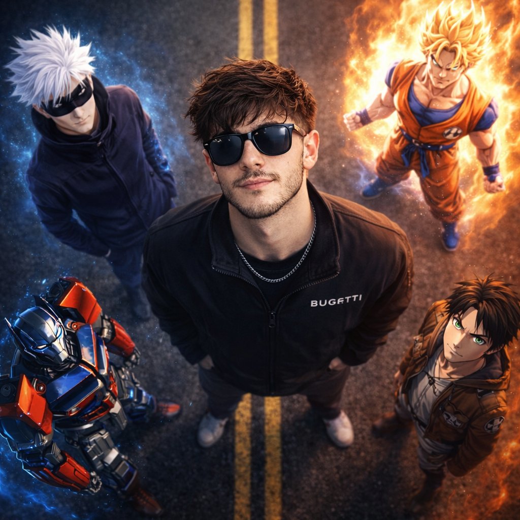 A cinematic hybrid scene with a real boy and anime characters in a dramatic road setting.