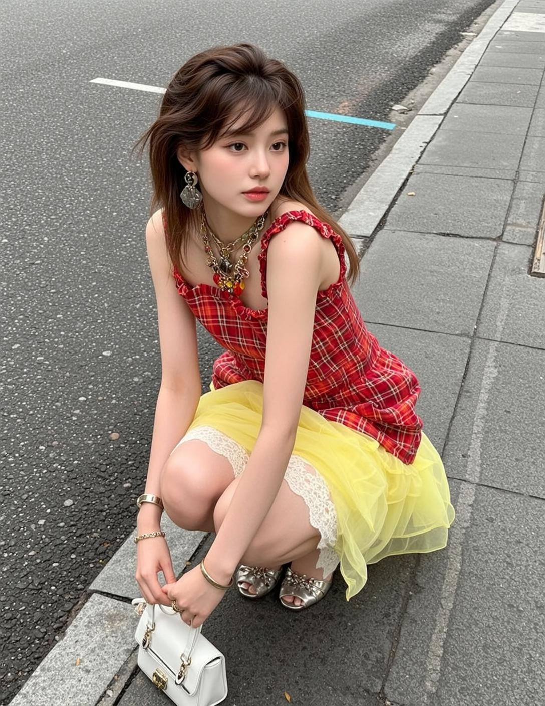 Plaid Cami Sidewalk Bag Pose