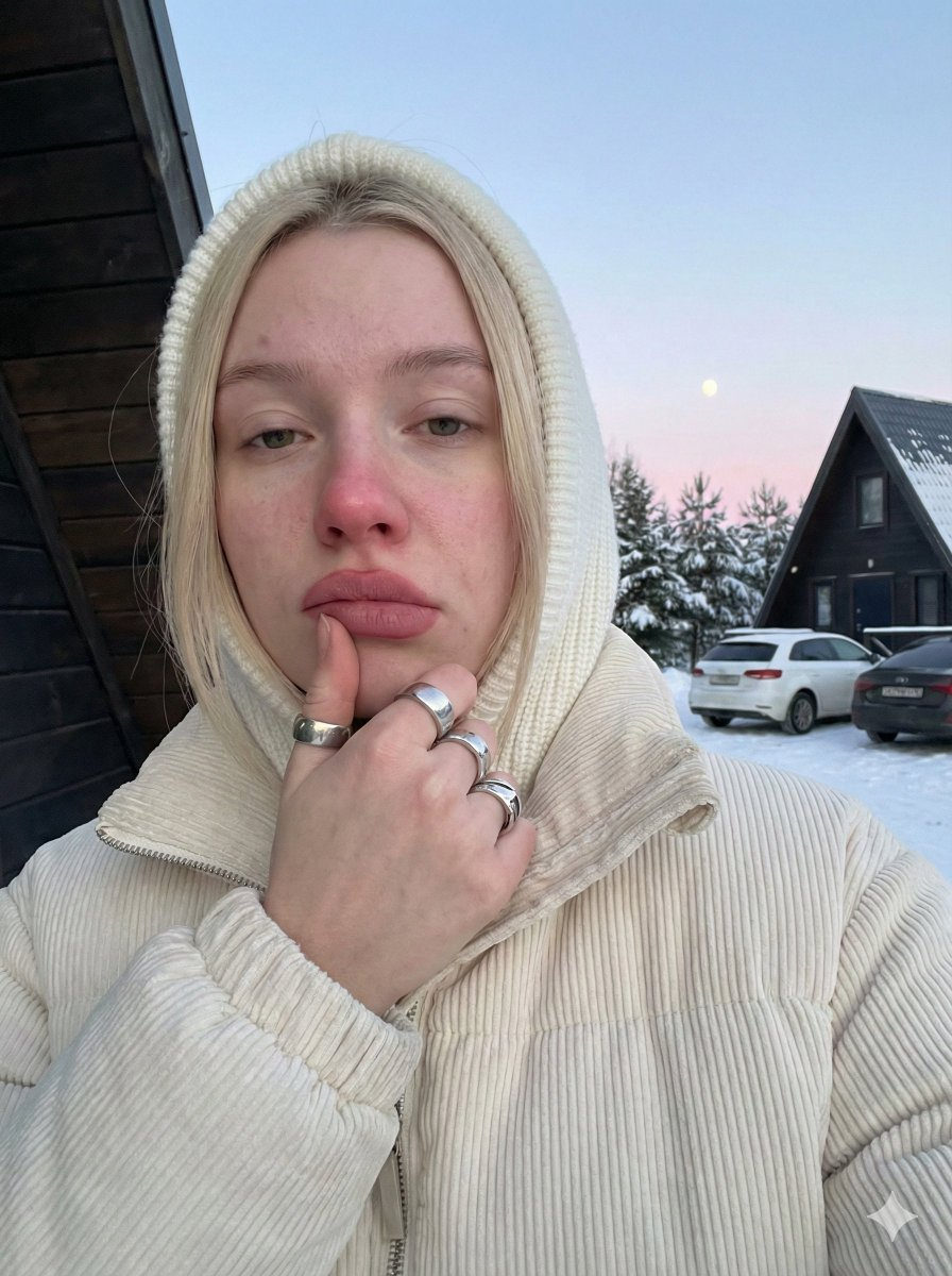 Close-up selfie of a young woman with blonde hair, wearing a puffer jacket, against a snowy landscape at dusk.