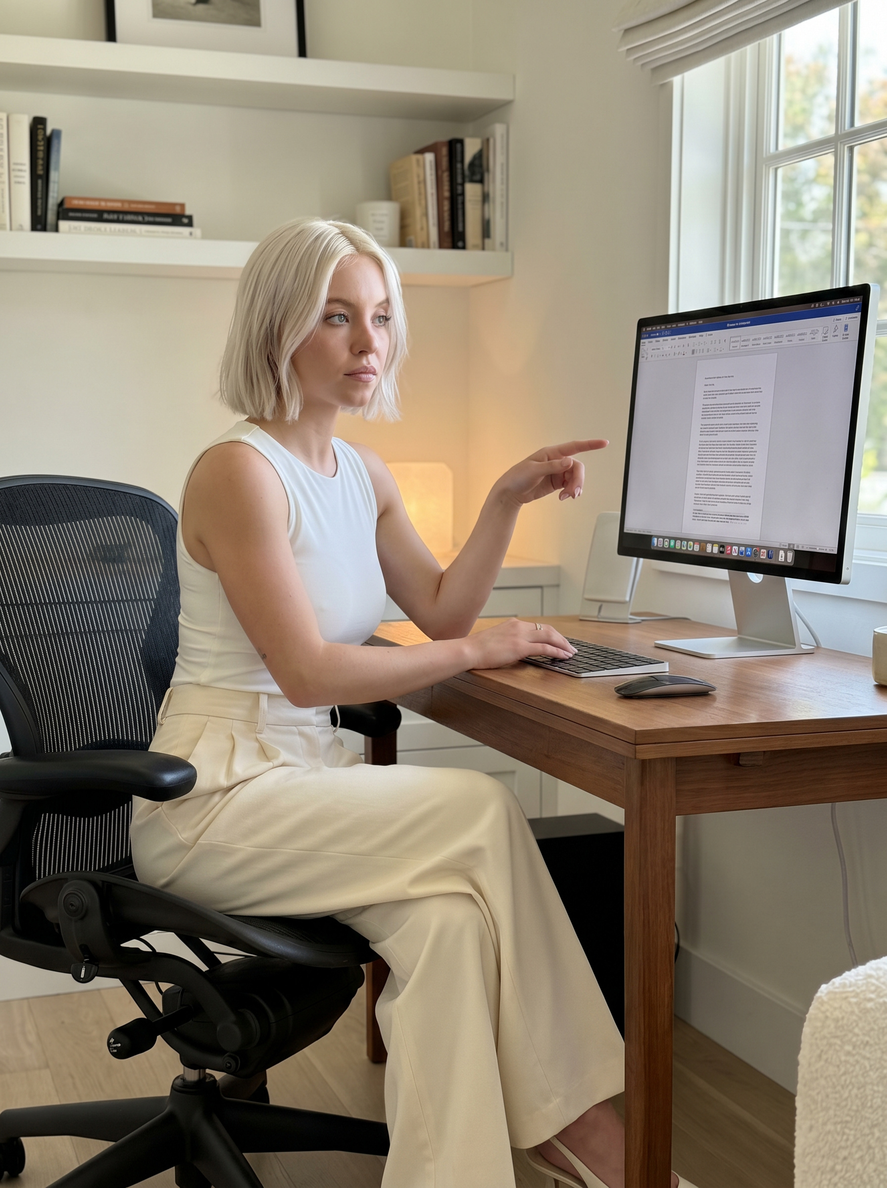 White Sleeveless Top And Cream Colored Wide At Wooden Desk
